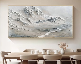 Large White Abstract Landscape Painting Minimalist Plaster Painting on Canvas White Texture Mountain Painting Abstract Snowy Mountain Art