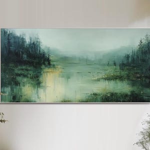 Abstract Landscape Oil Painting Large Forest Wall Art Sage Green Lake Wall Art Modern Nature Canvas Art Living Room Wall Art Rustic Wall Art