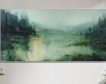 Abstract Landscape Oil Painting Large Forest Wall Art Sage Green Lake Wall Art Modern Nature Canvas Art Living Room Wall Art Rustic Wall Art
