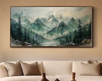 Mountain and Forest Painting On Canvas Original Green Wall Art Landscape Oil Painting Large Wall Art Living Room Wall Art Textured Wall Art