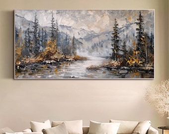 Autumn Oil Painting on Canvas Original Large Landscape Wall Art Neutral Abstract Wall Art Modern LivingRoom Wall Art Mountain River Wall Art