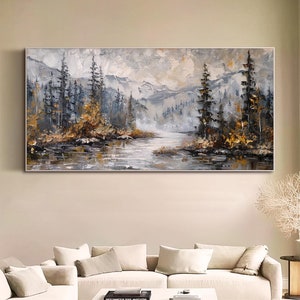 Herbst Ölgemälde auf Leinwand Original Große Landschaft Neutrale Wandkunst Neutrale Wandkunst Moderne Wohnzimmer Wandkunst Berg Fluss Wandkunst