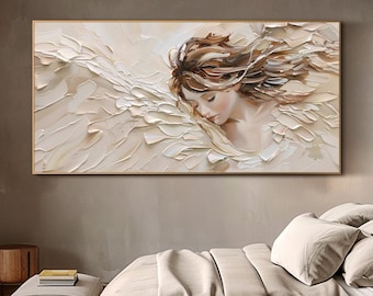Abstract Angel Oil Painting on Canvas Original Minimalist Wall Art Abstract Painting Beige Wings Wall Art Living Room Wall Art 3D Wall Art