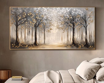 Trees Oil Painting on Canvas Original Minimalist Abstract Wall Art Large Living Room Wall Art Vintage Gold Texture Wall Art Neutral Wall Art