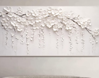 Textured White Floral Wall Art 3D Flower Canvas Art Neutral Wall Decor Large Modern Textured Wall Art White Blossom Branch Painting Handmade
