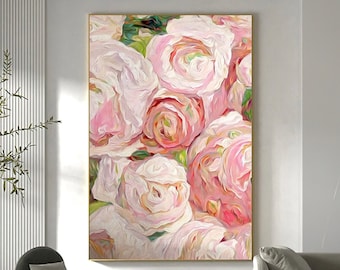 May include: A painting of a bouquet of pink and white peonies. The flowers are painted in a loose, impressionistic style, with visible brushstrokes. The background is a soft, blurred green.