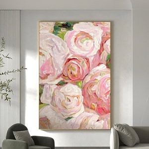 Pink Rose Oil Painting on Canvas Original Large Flower Wall Art Boho Wall Decor Large Colorful Wall Art Minimalist Wall Art Custom Painting