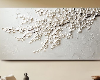 Abstract Oil Painting on Canvas Modern Neutral Wall Art Leaves Oil Painting White 3d Textured Wall Art Minimalist  Wall Art Bedroom Wall Art