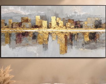 Original Stadtbild Ölgemälde Abstrakte Skyline Wandkunst Gold Leinwand Kunst Wohnzimmer Wanddekor