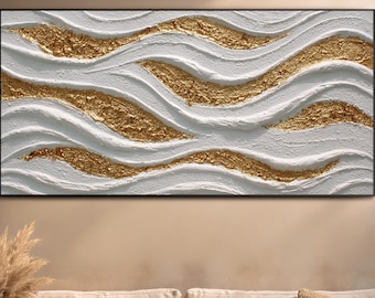 Cuadro al óleo texturizado original, arte mural abstracto de olas, lienzo moderno en tonos neutros, decoración de pared grande para sala de estar.