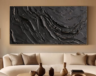 Abstract Black Wall Art Large Wabi-sabi Painting on Canvas Framed Horizontal  3D Texture Minimalist  Japandi Wall Art Neutral Wall Decor