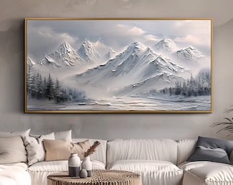 Large Landscape Oil Painting on Canvas Original Texture Snowy Scenery Wall Art Living Room Wall Art Mountain Lake Wall Art Office Wall Decor