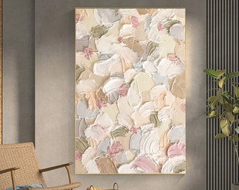May include: Abstract painting with a textured, layered look. The painting features a variety of soft colors, including white, beige, light pink, and light blue.