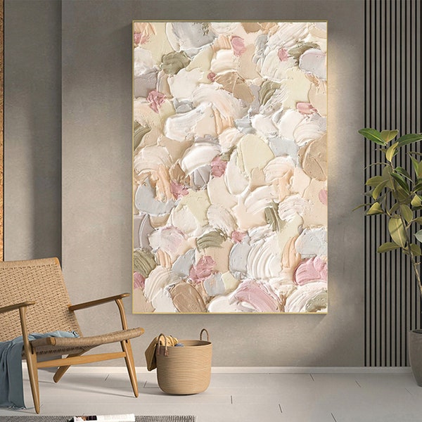 Creamy petal flower Painting on canvas, boho 3d floral wall art,large original beige oil painting,minimalist modern living room painting