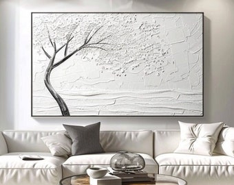 Art mural texturé blanc original, grand arbre abstrait, peinture sur toile, grand art mural blanc, art mural minimaliste moderne, cadeau personnalisé, peinture