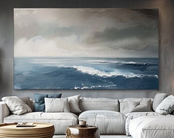 Peinture abstraite originale grande peinture de paysage sur toile peinte à la main texture paysage marin Art mural décoration de salon moderne peinture bleue