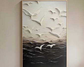 Abstract 3D Bird Oil Painting on Canvas Textured Ocean and Sky Wall Art Large Seaside Wall Decor Neutral Minimalist Coastal Canvas Wall Art