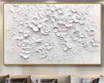 White Abstract Oil Painting on Canvas Original Texture Floral Wall Art Large 3D Plaster Wall Art Modern Minimalist Wall Art Large Wall Decor