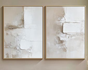 Minimalist 3d Two Piece Wall Art Abstract Beige Oil Painting on Canvas Large Set Of 2 Modern Wall Art Abstract Painting Living Room Wall Art