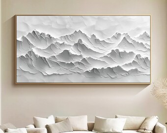 Grande peinture abstraite de montagne blanche, peinture minimaliste en plâtre sur toile, peinture texturée 3D blanche, décoration murale montagne, art mural texturé