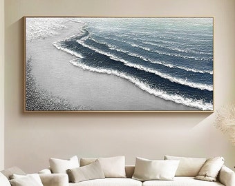 Large Sea Waves Painting on Canvas Original 3D Minimalist Ocean Oil Painting Texture Wall Art Blue Waves Wall Art Modern Bedroom Wall Art