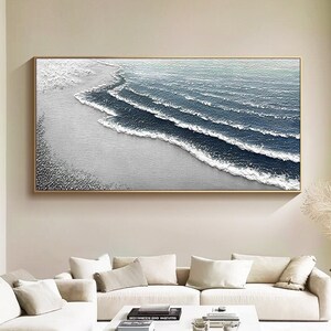 Large Sea Waves Painting on Canvas Original 3D Minimalist Ocean Oil Painting Texture Wall Art Blue Waves Wall Art Modern Bedroom Wall Art