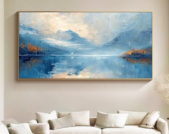 Large Abstract Landscape Painting Abstract Oil Painting on Canvas Original Large Blue Wall Art Blue Texture Wall Art Mountain Lake Painting
