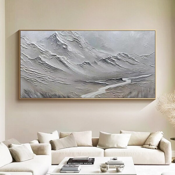 Grande peinture de paysage abstrait blanche, peinture minimaliste en plâtre sur toile, peinture de montagne texture blanche, art abstrait montagne enneigée