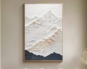 Pintura abstracta de montaña sobre lienzo, arte de pared texturizado, decoración de pared bohemia blanca, arte de pared grande, arte de pared 3D moderno para sala de estar, decoración de oficina