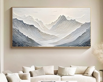 Grande peinture abstraite de montagne sur toile, art mural texturé bleu, décoration murale beige, grande oeuvre d'art murale, déco de bureau, cadeau personnalisé original, peinture