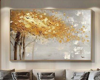 Original Abstract Oil Painting on Canvas 3D Textured Wall Art Golden Tree Painting Hand-painted Heavy Textured Painting Living Room Decor