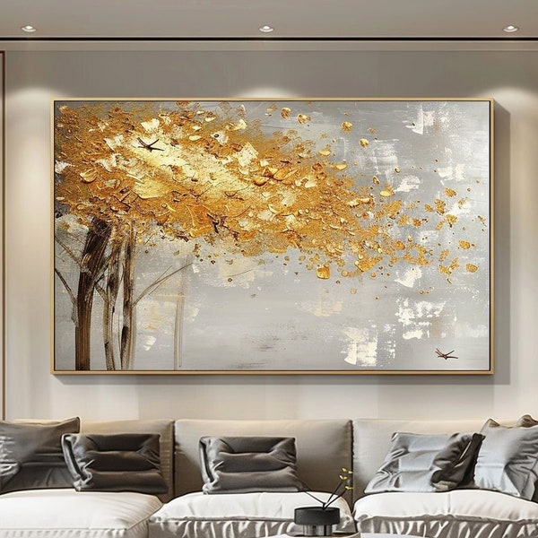 Peinture à l'huile abstraite originale sur toile Art mural texturé 3D, peinture d'arbre doré, peinture texturée lourde peinte à la main, décoration de salon