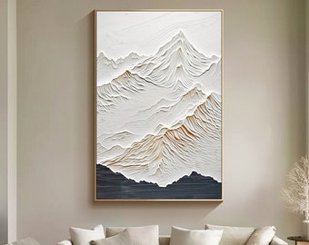 Pintura abstracta de montaña sobre lienzo, arte de pared texturizado, decoración de pared bohemia blanca, arte de pared grande, arte de pared 3D moderno para sala de estar, decoración de oficina