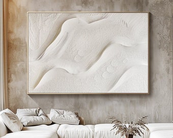 Grande peinture abstraite blanche avec texture, grande oeuvre d'art murale en plâtre 3D, oeuvre d'art murale wabi-sabi, art mural minimaliste moderne, cadeau personnalisé