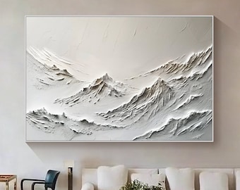 Grande peinture abstraite blanche de montagne, peinture blanche de montagne de texture 3D, peinture minimaliste blanche de montagne, peinture sur toile d'art mural Wabi Sabi