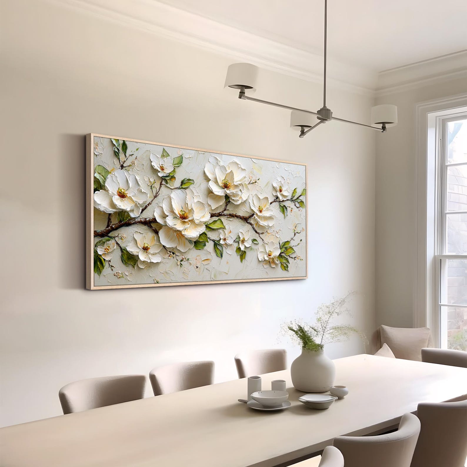 Textured Floral Wall Art Cream Blossom Oil Painting 3D Flower Canvas ...