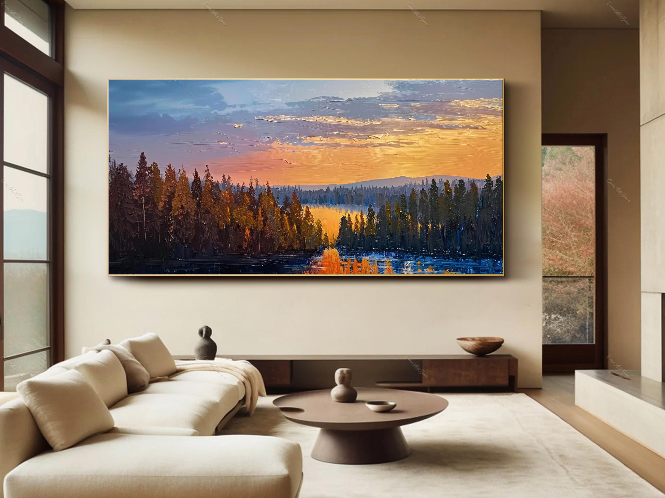 Original Sunset Oil Painting Large Abstract 3d Textured Wall Art Forest ...