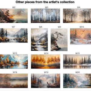 May include: A collection of twenty-one landscape paintings labeled W1 through W21, featuring various scenes of forests, mountains, lakes, and waterfalls in diverse color palettes ranging from warm sunset oranges to cool winter blues and grays.