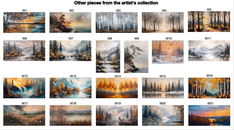 May include: A collection of twenty-one landscape paintings labeled W1 through W21, featuring various scenes of forests, mountains, lakes, and waterfalls in diverse color palettes ranging from warm sunset oranges to cool winter blues and grays.