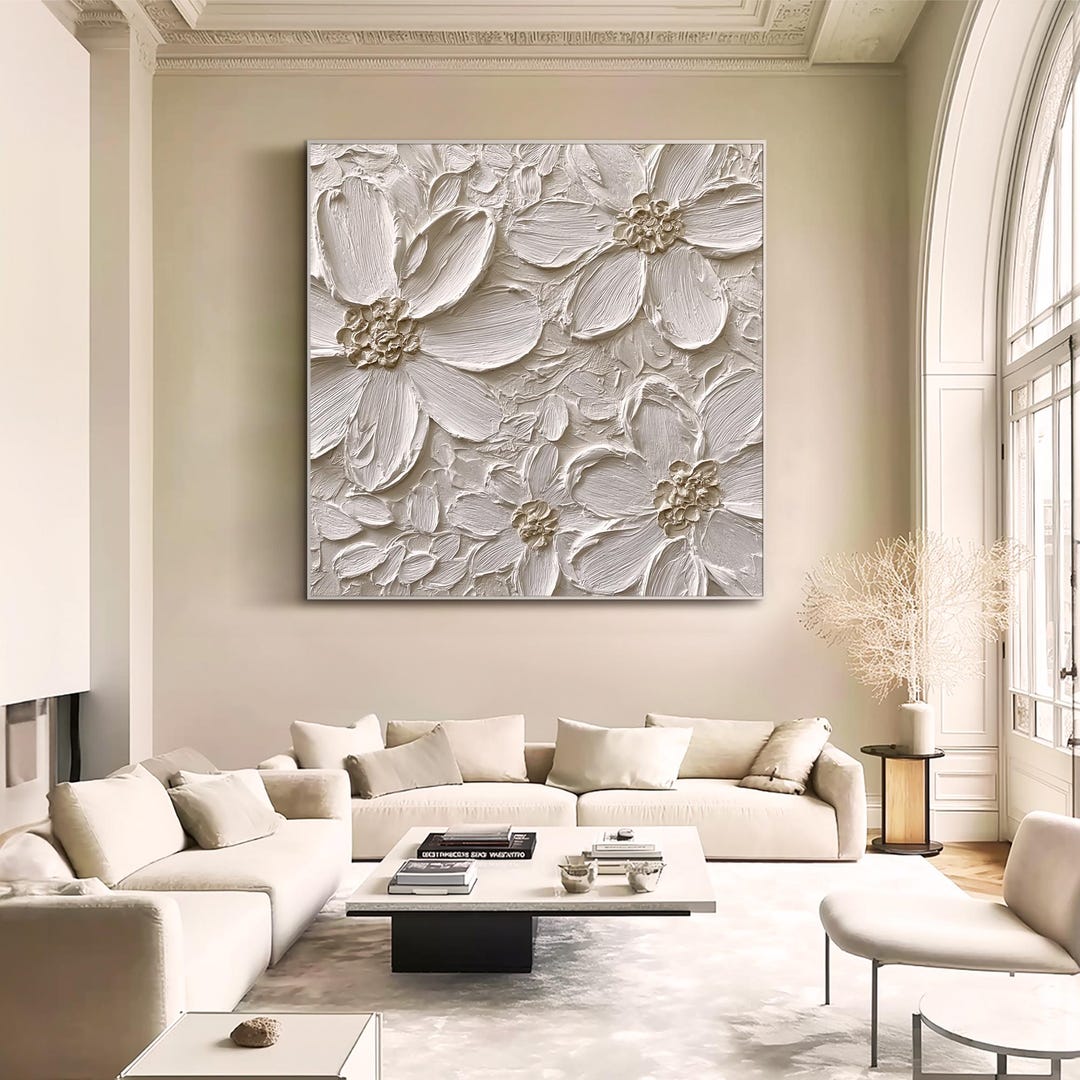 3D Textured Floral Wall Art Neutral Sculpted Flower Painting Modern ...