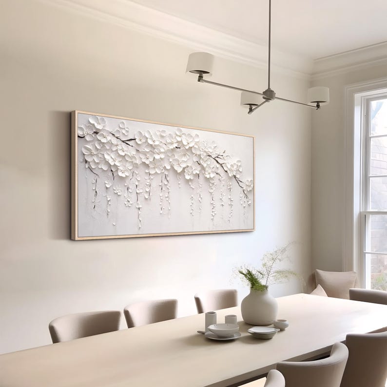 Textured White Floral Wall Art 3D Flower Canvas Art Neutral Wall Decor ...