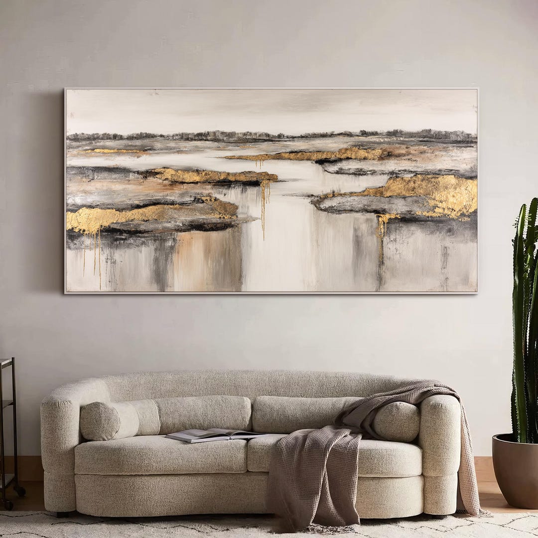 Original Landscape Oil Painting Neutral River Wall Art Living Room Wall ...