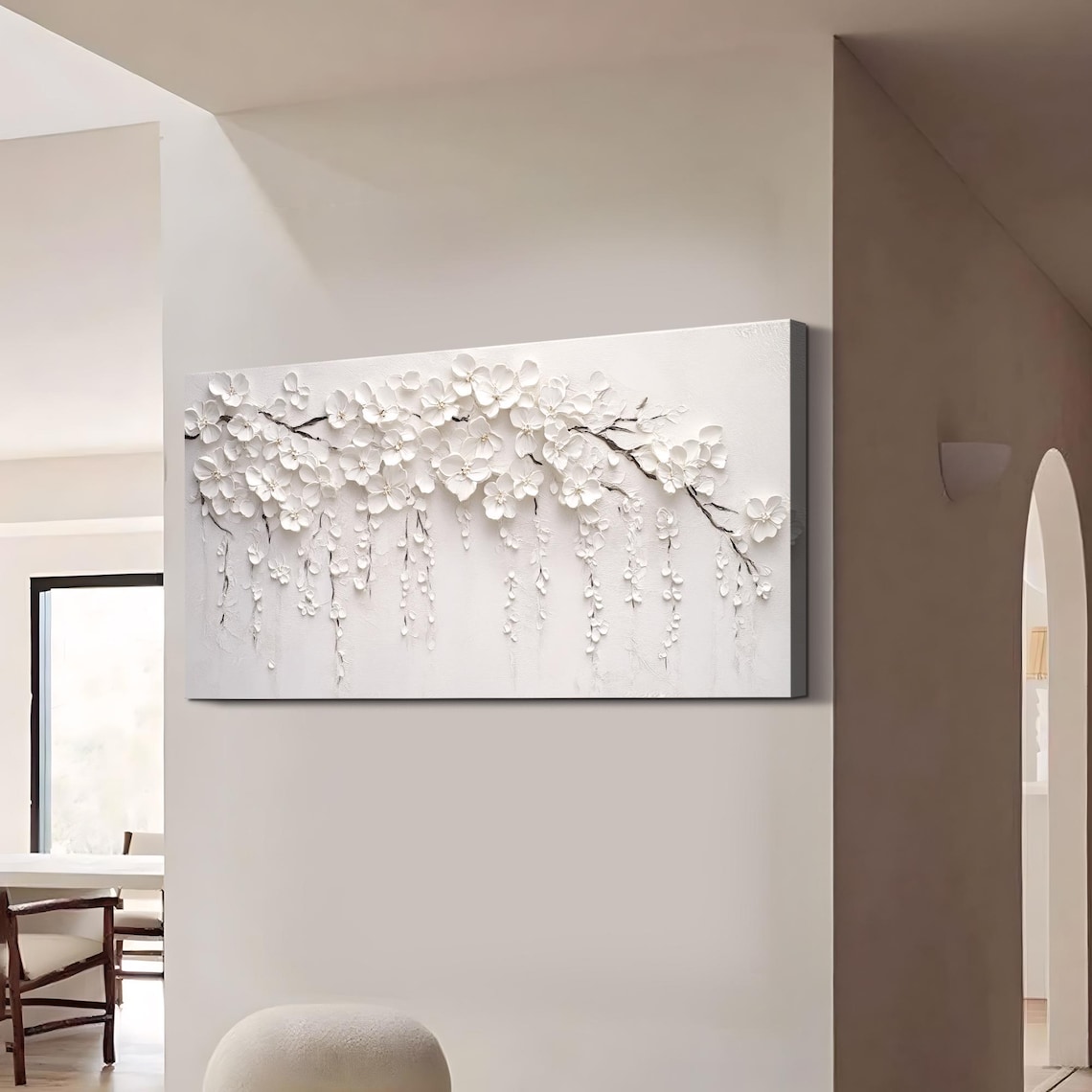 Textured White Floral Wall Art 3D Flower Canvas Art Neutral Wall Decor ...