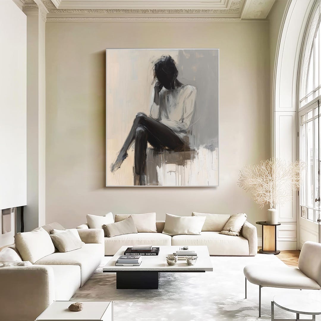 Minimalist Woman Portrait Oil Painting Abstract Neutral Figure Wall Art ...