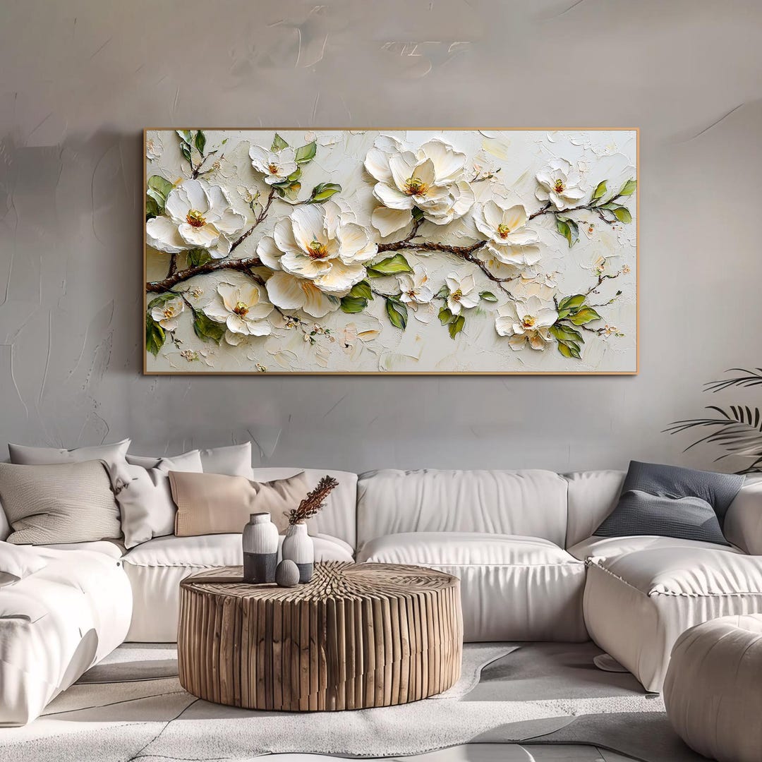 Textured Floral Wall Art Cream Blossom Oil Painting 3D Flower Canvas ...