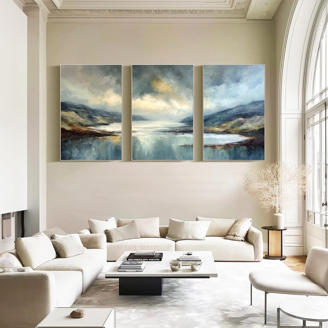Lake Landscape Triptych Oil Painting Large Mountain Wall Art Canvas Set ...