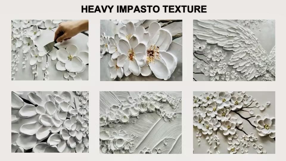 Textured Floral Wall Art Cream Blossom Oil Painting 3D Flower Canvas ...