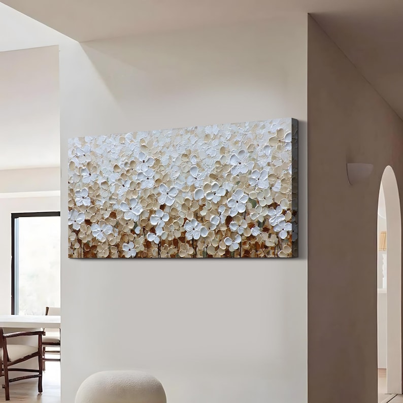 Large Textured Floral Painting White Impasto Flower Wall Art Handmade ...