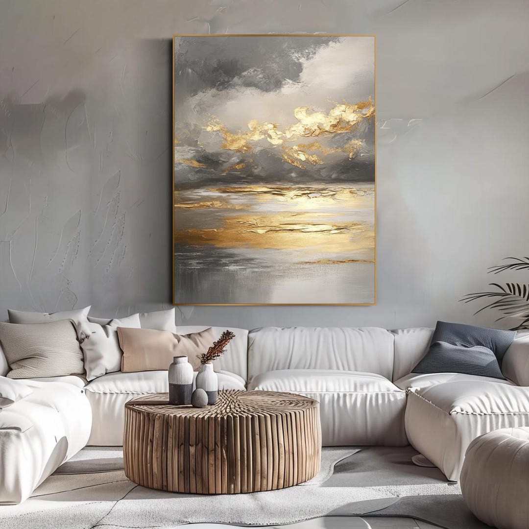 Abstract Gold Leaf Oil Painting Sunset Textured Wall Art Grey Gold ...