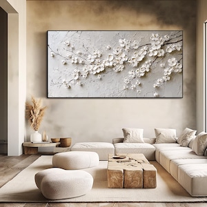 3D Textured Flower Painting White Blossom Wall Art Large Neutral Wall Art Floral Artwork Modern Minimalist Wall Art Boho Botanical Wall Art image 8
